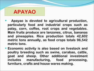 Apayao is devoted to agricultural production, particularly food and industrial crops such as palay, corn, coffee, root crops and vegetables. Main fruits produce are lanzones, citrus, bananas and pineapples. Rice production totals 42,602 metric tons annually, as food crops totals 96,542 metric tons. Economic activity is also based on livestock and poultry breeding such as swine, carabao, cattle, goat and sheep. Other additional investment includes manufacturing, food processing, furniture, crafts and house wares making. APAYAO 