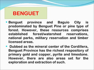 Benguet province and Baguio City is predominated by Benguet Pine or pine type of forest. However, these resources comprises established forest/watershed reservations, national parks, military reservation and timber licensed areas. Dubbed as the mineral center of the Cordillera, Benguet Province has the richest respository of primary gold and copper, pyrite and limestone. However, there are also areas set for the exploration and extraction of such. BENGUET 