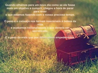 Quando olhamos para um novo dia como se ele fosse
 mais um objetivo a cumprir, chegou a hora de parar
                     para rever
o que estamos fazendo com o nosso precioso tempo.

O peso e o cansaço nos tornam insensíveis à beleza da
                        vida
    e acabamos racionalizando o que deveria ser
                    sacralizado.

É o peso da mala que nos deixa assim empedernidos.
 