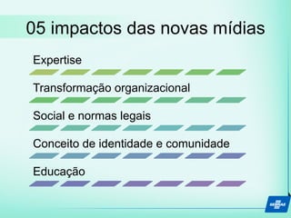 05 impactos das novas mídias
Expertise
Transformação organizacional
Social e normas legais
Conceito de identidade e comunidade
Educação
 