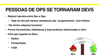 PESSOAS DE OPS SE TORNARAM DEVS
• Reduzir barreira entre Dev e Ops
• Hoje em dia até mesmo roteadores são “programáveis” com Python
• “Na minha máquina funciona”
• Prover ferramentas, bibliotecas e boas práticas relacionadas a infra
• Infra que suporte os Devs
• Dados
• Computação
• Logs
 