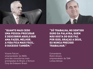 “QUANTO MAIS CEDO 
UMA PESSOA PROCURAR 
E DESCOBRIR AQUILO QUE AMA FAZER, MELHOR. A VIDA FICA MAIS FÁCIL. O SUCESSO TAMBÉM.” 
Vicente Falconi , empreendedor do INDG, 
uma das consultorias mais prestigiadas do Brasil, e Venture Corp da Endeavor Brasil 
“SÓ TRABALHA, NO SENTIDO DURO DA PALAVRA, QUEM NÃO GOSTA DO QUE FAZ. 
POR ISSO, GRAÇAS A DEUS, EU NUNCA PRECISEI TRABALHAR.” 
Comandante Rolim Amaro, empreendedor da TAM Linhas Aéreas  