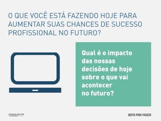 O QUE VOCÊ ESTÁ FAZENDO HOJE PARA 
AUMENTAR SUAS CHANCES DE SUCESSO 
PROFISSIONAL NO FUTURO? 
Qual é o impacto 
das nossas 
decisões de hoje 
sobre o que vai 
acontecer 
no futuro? 
 
