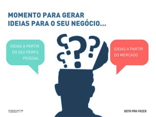 MOMENTO PARA GERAR 
IDEIAS PARA O SEU NEGÓCIO… 
IDEIAS A PARTIR 
DO MERCADO 
IDEIAS A PARTIR 
DO SEU PERFIL 
PESSOAL 
 