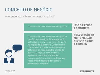 CONCEITO DE NEGÓCIO 
POR EXEMPLO, NÃO BASTA DIZER APENAS: 
“Quero abrir uma consultoria de gestão.” 
”Quero abrir uma consultoria de gestão 
que forneça serviços de planejamento 
estratégico a empresas de médio porte 
na região de Blumenau. Cada time de 
consultores é criado sob medida para 
satisfazer as necessidades únicas do 
cliente. O objetivo será ajudar a 
aprimorar a eficiência e instituir 
processos de inovação e mudança que 
resultem em redução de custos e 
aumento nas vendas” 
ISSO DIZ POUCO 
AO OUVINTE! 
ESSA VERSÃO DIZ 
MUITO MAIS AO 
OUVINTE DO QUE 
A PRIMEIRA! 
 