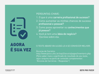 PERGUNTAS-CHAVE: 
1. O que é uma carreira profissional de sucesso? 
2. Como aumentar as minhas chances de sucesso 
profissional e pessoal? 
3. Como posso aproveitar os conhecimentos que 
já possuo? 
4. Você já tem uma ideia de negócio? 
Escreva sobre ela. 
O TESTE ABAIXO VAI AJUDÁ-LO A SE CONHECER MELHOR: 
Âncoras de Carreira: 
http://www.psico.ufsc.br/sop2/ancora/pages/inventario.php 
(Para saber mais o significado do resultado do seu teste, 
veja o arquivo na parte de conteúdo complementar: 
“Âncoras de Carreiras – Respostas”) 
AGORA 
É SUA VEZ 
 