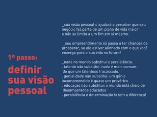 _sua visão pessoal o ajudará a perceber que seu negócio faz parte de um plano de vida maior e não se limita a um fim em si mesmo. _seu empreendimento só passa a ter chances de prosperar, se ele estiver alinhado com o que você enxerga para a sua vida no futuro! _nada no mundo substitui a persistência. . talento não substitui: nada é mais comum do que um talentoso fracassado. . genialidade não substitui: um gênio incompreendido é quase um provérbio . educação não substitui: o mundo está cheio de desamparados educados . persistência e determinação fazem a diferença! 
1º passo: 
definir sua visão pessoal  
