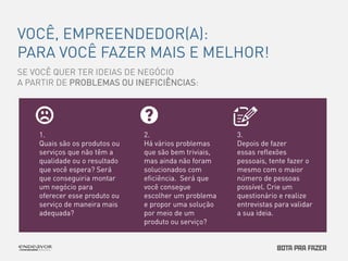 VOCÊ, EMPREENDEDOR(A): 
PARA VOCÊ FAZER MAIS E MELHOR! 
SE VOCÊ QUER TER IDEIAS DE NEGÓCIO 
A PARTIR DE PROBLEMAS OU INEFICIÊNCIAS: 
2. 
Há vários problemas 
que são bem triviais, 
mas ainda não foram 
solucionados com 
eficiência. Será que 
você consegue 
escolher um problema 
e propor uma solução 
por meio de um 
produto ou serviço? 
1. 
Quais são os produtos ou 
serviços que não têm a 
qualidade ou o resultado 
que você espera? Será 
que conseguiria montar 
um negócio para 
oferecer esse produto ou 
serviço de maneira mais 
adequada? 
3. 
Depois de fazer 
essas reflexões 
pessoais, tente fazer o 
mesmo com o maior 
número de pessoas 
possível. Crie um 
questionário e realize 
entrevistas para validar 
a sua ideia. 
 