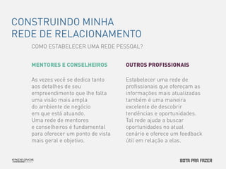 CONSTRUINDO MINHA 
REDE DE RELACIONAMENTO 
MENTORES E CONSELHEIROS 
As vezes você se dedica tanto 
aos detalhes de seu 
empreendimento que lhe falta 
uma visão mais ampla 
do ambiente de negócio 
em que está atuando. 
Uma rede de mentores 
e conselheiros é fundamental 
para oferecer um ponto de vista 
mais geral e objetivo. 
COMO ESTABELECER UMA REDE PESSOAL? 
OUTROS PROFISSIONAIS 
Estabelecer uma rede de 
profissionais que ofereçam as 
informações mais atualizadas 
também é uma maneira 
excelente de descobrir 
tendências e oportunidades. 
Tal rede ajuda a buscar 
oportunidades no atual 
cenário e oferece um feedback 
útil em relação a elas. 
 