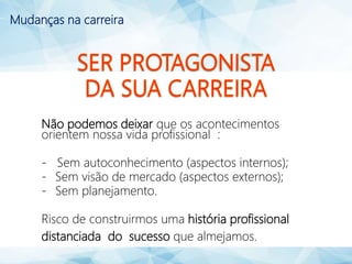 Não podemos deixar que os acontecimentos
orientem nossa vida profissional :
- Sem autoconhecimento (aspectos internos);
- Sem visão de mercado (aspectos externos);
- Sem planejamento.
Risco de construirmos uma história profissional
distanciada do sucesso que almejamos.
Mudanças na carreira
 