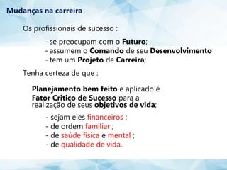 Os profissionais de sucesso :
- se preocupam com o Futuro;
- assumem o Comando de seu Desenvolvimento
- tem um Projeto de Carreira;
Tenha certeza de que :
Planejamento bem feito e aplicado é
Fator Critico de Sucesso para a
realização de seus objetivos de vida;
- sejam eles financeiros ;
- de ordem familiar ;
- de saúde física e mental ;
- de qualidade de vida.
Mudanças na carreira
 