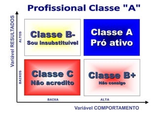 Classe B-           Classe A
Sou insubstituível   Pró ativo


 Classe C            Classe B+
 Não acredito           Não consigo



       BAIXA            ALTA

                Variável COMPORTAMENTO
 