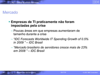 Mercado Empresas de TI praticamente não foram impactadas pela crise Poucas áreas em que empresas aumentaram de tamanho durante a crise “ IDC Forecasts Worldwide IT Spending Growth of 0.5% in 2009   ” – IDC Brasil “ Mercado brasileiro de servidores cresce mais de 23% em 2008 ” – IDC Brasil 