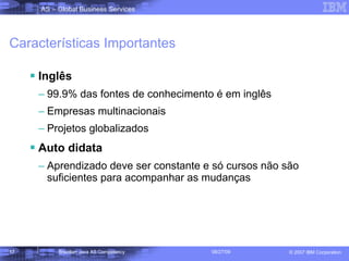 Características Importantes Inglês 99.9% das fontes de conhecimento é em inglês Empresas multinacionais Projetos globalizados Auto didata Aprendizado deve ser constante e só cursos não são suficientes para acompanhar as mudanças 