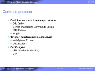 Como se preparar Participar de comunidades open source DB: Derby Server: Websphere Community Edition IDE: Eclipse +Ingl ês ‘ Brincar’ com ferramentas acessíveis WebSphere Express DB2 Express Certificações IBM (Academic Initiative) Sun 