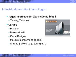 Indústria de entretenimento/jogos Jogos: mercado em expansão no brasil Tec-toy, Taikodom Cargos Produtor Desenvolvedor  Game Designer  Músico ou engenheiro de som. Artistas gráficos 2D (pixel art) e 3D  
