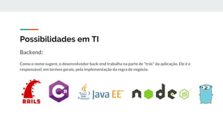Possibilidades em TI
Backend:
Como o nome sugere, o desenvolvedor back-end trabalha na parte de "trás" da aplicação. Ele é o
responsável, em termos gerais, pela implementação da regra de negócio.
 