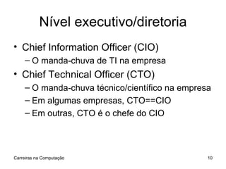 Nível executivo/diretoria Chief Information Officer (CIO) O manda-chuva de TI na empresa Chief Technical Officer (CTO) O manda-chuva técnico/científico na empresa Em algumas empresas, CTO==CIO Em outras, CTO é o chefe do CIO Carreiras na Computação 