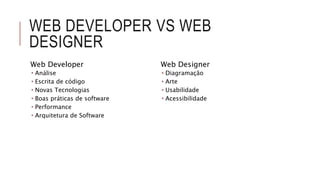 WEB DEVELOPER VS WEB 
DESIGNER 
Web Developer 
 Análise 
 Escrita de código 
 Novas Tecnologias 
 Boas práticas de software 
 Performance 
 Arquitetura de Software 
Web Designer 
 Diagramação 
 Arte 
 Usabilidade 
 Acessibilidade 
 