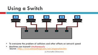 Using a Switch
(c) Anuradha Udunuwara
• To overcome the problem of collisions and other effects on network speed
• Machines can transmit simultaneously
Source : http://www.datacottage.com/nch/eoperation.htm
 