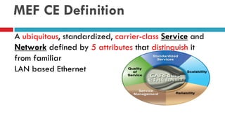 MEF CE Definition
A ubiquitous, standardized, carrier-class Service and
Network defined by 5 attributes that distinguish it
from familiar
LAN based Ethernet
 