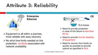 Attribute 3: Reliability
 Need to provide protection
in case of link failure in less than
50 ms
 Need to provide five 9s reliability
of equipment
 Need to recover from faults as
quickly as possible to provide
uptime as specified in SLA
 Equipment is all within a premise,
more reliable with easy recovery
 No strict time limits needed on link
protection, no SLAs associated with
network availability
CEEnterprise
Ethernet $$$$ $$
SLA losses
50ms protection
(c) Anuradha Udunuwara
 
