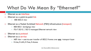 What Do We Mean By “Ethernet?”
 Ethernet as an interface
 Ethernet as a point-to-point link
 IEEE 802.3 view
 Ethernet as a Packet Switched Network (PSN) infrastructure (transport)
 IEEE 802.1 (bridging) view
 ITU-T SG15 / SG13 managed Ethernet network view
 Ethernet as a protocol
 Ethernet as a service
 MEF view – user-to-user transfer of 802.3 frames over any transport layer
 E-Line, E-LAN, E-Tree, E-Access
(c) Anuradha Udunuwara
 