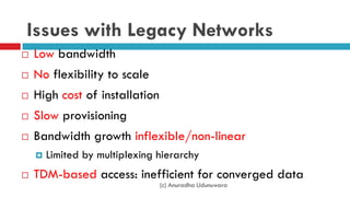 (c) Anuradha Udunuwara
Issues with Legacy Networks
 Low bandwidth
 No flexibility to scale
 High cost of installation
 Slow provisioning
 Bandwidth growth inflexible/non-linear
 Limited by multiplexing hierarchy
 TDM-based access: inefficient for converged data
 