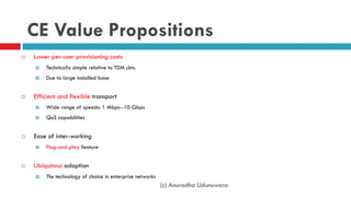 (c) Anuradha Udunuwara
CE Value Propositions
 Lower per-user provisioning costs
 Technically simple relative to TDM ckts.
 Due to large installed base
 Efficient and flexible transport
 Wide range of speeds: 1 Mbps--10 Gbps
 QoS capabilities
 Ease of inter-working
 Plug-and-play feature
 Ubiquitous adoption
 The technology of choice in enterprise networks
 