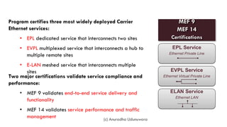 MEF Certifications for Services
Program certifies three most widely deployed Carrier
Ethernet services:
• EPL dedicated service that interconnects two sites
• EVPL multiplexed service that interconnects a hub to
multiple remote sites
• E-LAN meshed service that interconnects multiple
sites
Two major certifications validate service compliance and
performance:
• MEF 9 validates end-to-end service delivery and
functionality
• MEF 14 validates service performance and traffic
management
EPL Service
Ethernet Private Line
EVPL Service
Ethernet Virtual Private Line
ELAN Service
Ethernet LAN
MEF 9
MEF 14
Certifications
(c) Anuradha Udunuwara
 