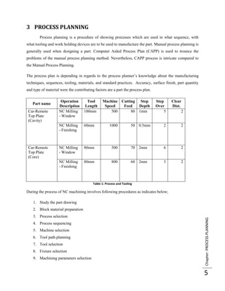 3 PROCESS PLANNING
        Process planning is a procedure of showing processes which are used in what sequence, with
what tooling and work holding devices are to be used to manufacture the part. Manual process planning is
generally used when designing a part. Computer Aided Process Plan (CAPP) is used to trounce the
problems of the manual process planning method. Nevertheless, CAPP process is intricate compared to
the Manual Process Planning.

The process plan is depending in regards to the process planner’s knowledge about the manufacturing
techniques, sequences, tooling, materials, and standard practices. Accuracy, surface finish, part quantity
and type of material were the contributing factors are a part the process plan.

                     Operation        Tool      Machine Cutting Step              Step    Clear
   Part name
                    Description      Length      Speed   Feed   Depth             Over    Dist.
 Car-Remote         NC Milling      100mm           500      80 1mm                   5         2
 Top Plate          - Window
 (Cavity)
                    NC Milling      60mm             1000            50 0.5mm         2        2
                    - Finishing



 Car-Remote         NC Milling      80mm               500           70 2mm           6        2
 Top Plate          - Window
 (Core)
                    NC Milling      80mm               800           60 2mm           3        2
                    - Finishing



                                          Table 1: Process and Tooling

During the process of NC machining involves following procedures as indicates below;

    1. Study the part drawing
    2. Block material preparation
    3. Process selection
                                                                                                             Chapter: PROCESS PLANNING



    4. Process sequencing
    5. Machine selection
    6. Tool path planning
    7. Tool selection
    8. Fixture selection
    9. Machining parameters selection


                                                                                                             5
 