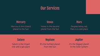 Our Services
Mercury
Mercury is the closest
planet to the Sun
Venus
Venus is the second
planet from the Sun
Mars
Despite b...