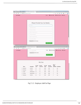 Car Rental System By Using PHP
ALAMURI RATNAMALA INSTITUTE OF ENGINEERING AND TECHNOLOGY 20
Fig.7.1.5. Employee Add Car Page
 