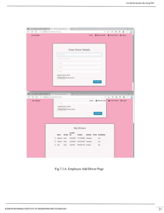 Car Rental System By Using PHP
ALAMURI RATNAMALA INSTITUTE OF ENGINEERING AND TECHNOLOGY 21
Fig.7.1.6. Employee Add Driver Page
 