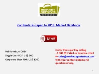 Car Rental in Japan to 2018: Market Databook
Published: Jul 2014
Single User PDF: US$ 500
Corporate User PDF: US$ 1000
Order this report by calling
+1 888 391 5441 or Send an email
to sales@marketreportsstore.com
with your contact details and
questions if any.
1
 
