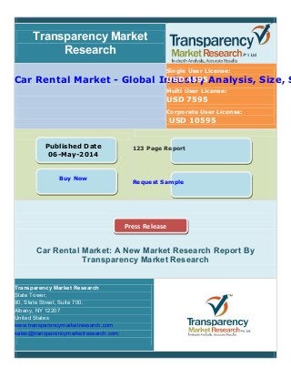 USD 10595
Transparency Market
Research
Car Rental Market - Global Industry Analysis, Size, S
Single User License:
USD 4595
Multi User License:
USD 7595
Corporate User License:
Published Date
06-May-2014
Buy Now
123 Page Report
Request Sample
Press Release
Car Rental Market: A New Market Research Report By
Transparency Market Research
Transparency Market Research
State Tower,
90, State Street, Suite 700.
Albany, NY 12207
United States
www.transparencymarketresearch.com
sales@transparencymarketresearch.com
 