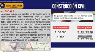 www.institutolacatolica.edu.pe
4. ESCALA
Un mapa puede representar un territorio, pero no
necesariamente las distancias van a poder
interpretarse de manera efectiva. Por lo cual, se
debe usar otro de los elementos fundamentales
más importantes en un mapa, la cual es la escala,
ya que indica la relación que existe entre las
distancias medidas en un plano, un mapa o una
maqueta y las distancias de la realidad.
De este modo, por ejemplo podemos saber si dos
centímetros en el mapa representan dos
kilómetros o veinticuatro en la realidad.
Se pueden representar de dos formas tanto
escala numérica como escala gráfica.
 
