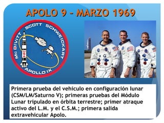 APOLO 9 – MARZO 1969  Primera prueba del vehículo en configuración lunar (CSM/LM/Saturno V); primeras pruebas del Módulo Lunar tripulado en órbita terrestre; primer atraque activo del L.M. y el C.S.M.; primera salida extravehicular Apolo. 