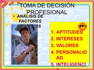 TOMA DE DECISIÓN 
PROFESIONAL 
• ANÁLISIS DE 
FACTORES 
INTERNOS 
1. APTITUDES 
2. INTERESES 
3. VALORES 
4. PERSONALID 
AD 
5. INTELIGENCI 
A 
 