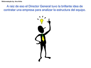 Reformatação by: Ana Arkia


    A raiz de eso el Director General tuvo la brillante idea de
  contratar una empresa para analizar la estructura del equipo.
 