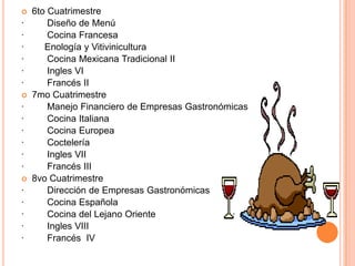 6to Cuatrimestre ·         Diseño de Menú·         Cocina Francesa ·        Enología y Vitivinicultura·         Cocina Mexicana Tradicional II·         Ingles VI·         Francés II7mo Cuatrimestre ·         Manejo Financiero de Empresas Gastronómicas ·         Cocina Italiana·         Cocina Europea ·         Coctelería·         Ingles VII·         Francés III8vo Cuatrimestre ·         Dirección de Empresas Gastronómicas ·         Cocina Española ·         Cocina del Lejano Oriente ·         Ingles VIII·         Francés  IV