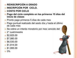 REINSCRIPCIÓN A GRADOINSCRIPCIÓN POR  CICLO.COSTO POR CICLOPago del ciclo completo en los primeros 15 días del inicio de clasesPronto pago primeros 5 días de cada mes Pago puntual realizado del sexto día y hasta el último de cada mes Se cobra un interés moratorio por mes vencido del:2° cuatrimestre$2,825.00$7,980.00$6,530.00$1,814.00 $1,995.00 3%