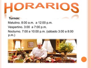 horarios    Turnos:   Matutino. 8:00 a.m.  a 12:00 p.m.   Vespertino. 3:00  a 7:00 p.m.   Nocturno. 7:00 a 10:00 p.m. (sábado 3:00 a 8:00 p.m.)