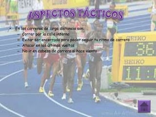 • En las carreras de larga distancia son:
– Correr por la calle interna
– Evitar ser encerrado para poder seguir tu ritmo de carrera
– Atacar en las últimas vueltas
– No ir en cabeza de carrera si hace viento
 