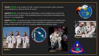 Apolo 7 Éxito. 11 de octubre de 1968 ; primer uso de los trajes Apolo; primeras
retransmisiones en directo desde el espacio.
Apolo 8 Éxito 21 de diciembre de 1968.Primer vuelo tripulado que escapó de la
gravedad terrestre; primer vuelo tripulado hasta la Luna; primer lanzamiento del
Saturno V con tripulación.
Apolo 9 Éxito 3 de marzo de 1969 .Primera prueba del vehículo en configuración
lunar ; primeras pruebas del Módulo Lunar tripulado en órbita terrestre; primer
atraque activo del L.M. y el C.S.M.; primera salida extravehicular Apolo.
Apolo 7
Apolo 8
Apolo 9
 