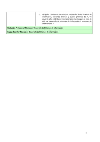 10
3. Dirige los cambios en los atributos funcionales de los sistemas de
información, aplicando técnicas y buenas prácticas de TI, de
acuerdo a los estándares internacionales vigentes para el ciclo de
vida de desarrollo de sistemas de información y madurez de
desarrollo de TI.
Titulación: Profesional Técnico en Desarrollo de Sistemas de Información
Grado: Bachiller Técnico en Desarrollo de Sistemas de Información
 