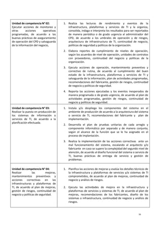 16
Unidad de competencia N° 02:
Ejecutar acciones de monitoreo y
otras acciones operativas
programadas, de acuerdo a las
buenas prácticas de aseguramiento
de operación del CPD y salvaguarda
de la información del negocio,
1. Realiza las lecturas de rendimiento y eventos de la
infraestructura, plataformas y servicios de TI y la organiza,
consolida, indaga e interpreta los resultados para ser reportados
de manera periódica o de grado urgencia al administrador del
CPD, de acuerdo a los umbrales de operación y de riesgos,
arquitectura de infraestructura de TI, continuidad de negocio,
políticas de seguridad y políticas de la organización.
2. Elabora reportes de cumplimiento de niveles de operación,
según los acuerdos de nivel de operación, unidades de contratos
con proveedores, continuidad del negocio y políticas de la
organización.
3. Ejecuta acciones de operación, mantenimiento preventivo y
correctivo de rutina, de acuerdo al cumplimiento del buen
estado de la infraestructura, plataformas y servicios de TI y
salvaguarda de la información, plan de actividades programadas,
recomendaciones del fabricante, gestión de riesgos, continuidad
de negocio y políticas de seguridad.
4. Reporta las acciones ejecutadas y los eventos inesperados de
manera programada o de grado urgencia, de acuerdo al plan de
actividades programadas, gestión de riesgos, continuidad de
negocio y políticas de seguridad.
Unidad de competencia N° 03:
Realizar la puesta en producción de
los sistemas de información o
servicios de TI, de acuerdo a la
planificación efectuada.
1. Instala y/o despliega los componentes del sistema en el
ambiente de producción de acuerdo a la arquitectura del sistema
o servicio de TI, recomendaciones del fabricante y plan de
implementación.
2. Desarrolla el plan de pruebas unitarias de cada arreglo y
componente informático por separado y de manera conjunta,
según el alcance de la función que se le ha asignado en el
proceso de implantación.
3. Realiza la implementación de las acciones correctivas ante un
mal funcionamiento del sistema, escalando al arquitecto y/o
fabricante en caso se supere la complejidad del segundo nivel de
atención, de acuerdo al diseño funcional del sistema o servicio de
TI, buenas prácticas de entrega de servicio y gestión de
problemas.
Unidad de competencia N° 04:
Realizar las mejoras,
mantenimientos preventivos y
acciones correctivas en las
infraestructuras y plataformas de
TI, de acuerdo al plan de mejoras,
gestión de riesgos, continuidad de
negocio y políticas de seguridad.
1. Planifica las acciones de mejoras y evalúa los detalles técnicos de
la infraestructura y plataformas de servicios y/o sistemas de TI
comprometidos, de acuerdo al plan de mejoras, continuidad de
negocio y análisis de riesgos.
2. Ejecuta las actividades de mejora en la infraestructura y
plataformas de servicios y sistemas de TI, de acuerdo al plan de
mejoras, recomendaciones de los fabricantes, diseño de los
sistemas o infraestructura, continuidad de negocio y análisis de
riesgos.
 