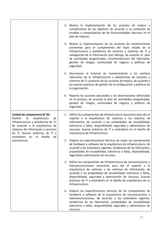 17
3. Realiza la implementación de las acciones de mejora y
cumplimiento de los objetivos de acuerdo a un protocolo de
pruebas o comprobación de las funcionalidades descritas en el
plan de mejoras.
4. Realiza la implementación de las acciones de mantenimiento
preventivo para el cumplimiento del buen estado de la
infraestructura y plataforma de servicios y sistemas de TI y
salvaguarda de la información que alberga, de acuerdo al plan
de actividades programadas, recomendaciones del fabricante,
gestión de riesgos, continuidad de negocio y políticas de
seguridad.
5. Documenta el historial de mantenimiento y los cambios
relevantes de la infraestructura y plataformas de servicios y
sistemas de TI, producto de las acciones de mejora, de acuerdo a
las buenas prácticas de gestión de la configuración y políticas de
la organización.
6. Reporta las acciones ejecutadas y las observaciones detectadas
en el proceso, de acuerdo al plan de actividades programadas,
gestión de riesgos, continuidad de negocio y políticas de
seguridad.
Unidad de competencia N° 05:
Diseñar la arquitectura de
infraestructura y plataforma de TI,
de acuerdo a la arquitectura de
sistemas de información y servicios
de TI, buenas prácticas de TI y
estándares en el diseño de
arquitectura.
1. Define los componentes de infraestructura necesarios para dar el
soporte a la arquitectura de sistemas y los sistemas de
información, de acuerdo a las propiedades de escalabilidad,
tolerancia a fallas, disponibilidad, seguridad y optimización de
recursos, buenas prácticas de TI y estándares en el diseño de
arquitectura de infraestructura.
2. Elabora las especificaciones técnicas de todos los componentes
de hardware y software de la arquitectura de infraestructura, de
acuerdo a los estándares vigentes, tendencias de los fabricantes,
propiedades de escalabilidad, tolerancia a fallas, disponibilidad,
seguridad y optimización de recursos.
3. Define los componentes de infraestructura de comunicaciones y
telecomunicaciones necesarios para dar el soporte a la
arquitectura de sistemas y los sistemas de información, de
acuerdo a las propiedades de escalabilidad, tolerancia a fallas,
disponibilidad, seguridad y optimización de recursos, buenas
prácticas de TI y estándares en el diseño de arquitectura de su
infraestructura.
4. Elabora las especificaciones técnicas de los componentes de
hardware y software de la arquitectura de comunicaciones y
telecomunicaciones, de acuerdo a los estándares vigentes,
tendencias de los fabricantes, propiedades de escalabilidad,
tolerancia a fallas, disponibilidad, seguridad y optimización de
recursos.
 