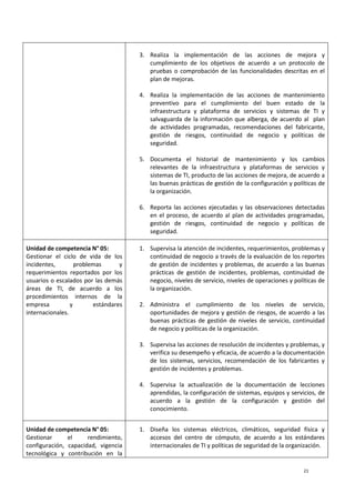 21
3. Realiza la implementación de las acciones de mejora y
cumplimiento de los objetivos de acuerdo a un protocolo de
pruebas o comprobación de las funcionalidades descritas en el
plan de mejoras.
4. Realiza la implementación de las acciones de mantenimiento
preventivo para el cumplimiento del buen estado de la
infraestructura y plataforma de servicios y sistemas de TI y
salvaguarda de la información que alberga, de acuerdo al plan
de actividades programadas, recomendaciones del fabricante,
gestión de riesgos, continuidad de negocio y políticas de
seguridad.
5. Documenta el historial de mantenimiento y los cambios
relevantes de la infraestructura y plataformas de servicios y
sistemas de TI, producto de las acciones de mejora, de acuerdo a
las buenas prácticas de gestión de la configuración y políticas de
la organización.
6. Reporta las acciones ejecutadas y las observaciones detectadas
en el proceso, de acuerdo al plan de actividades programadas,
gestión de riesgos, continuidad de negocio y políticas de
seguridad.
Unidad de competencia N° 05:
Gestionar el ciclo de vida de los
incidentes, problemas y
requerimientos reportados por los
usuarios o escalados por las demás
áreas de TI, de acuerdo a los
procedimientos internos de la
empresa y estándares
internacionales.
1. Supervisa la atención de incidentes, requerimientos, problemas y
continuidad de negocio a través de la evaluación de los reportes
de gestión de incidentes y problemas, de acuerdo a las buenas
prácticas de gestión de incidentes, problemas, continuidad de
negocio, niveles de servicio, niveles de operaciones y políticas de
la organización.
2. Administra el cumplimiento de los niveles de servicio,
oportunidades de mejora y gestión de riesgos, de acuerdo a las
buenas prácticas de gestión de niveles de servicio, continuidad
de negocio y políticas de la organización.
3. Supervisa las acciones de resolución de incidentes y problemas, y
verifica su desempeño y eficacia, de acuerdo a la documentación
de los sistemas, servicios, recomendación de los fabricantes y
gestión de incidentes y problemas.
4. Supervisa la actualización de la documentación de lecciones
aprendidas, la configuración de sistemas, equipos y servicios, de
acuerdo a la gestión de la configuración y gestión del
conocimiento.
Unidad de competencia N° 05:
Gestionar el rendimiento,
configuración, capacidad, vigencia
tecnológica y contribución en la
1. Diseña los sistemas eléctricos, climáticos, seguridad física y
accesos del centro de cómputo, de acuerdo a los estándares
internacionales de TI y políticas de seguridad de la organización.
 