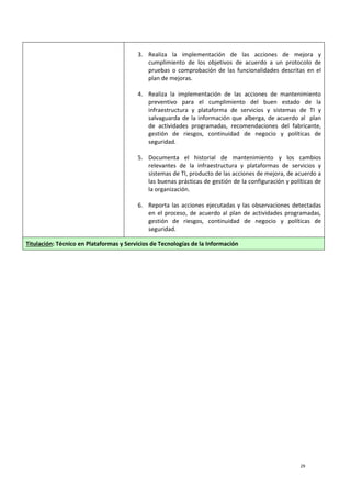 29
3. Realiza la implementación de las acciones de mejora y
cumplimiento de los objetivos de acuerdo a un protocolo de
pruebas o comprobación de las funcionalidades descritas en el
plan de mejoras.
4. Realiza la implementación de las acciones de mantenimiento
preventivo para el cumplimiento del buen estado de la
infraestructura y plataforma de servicios y sistemas de TI y
salvaguarda de la información que alberga, de acuerdo al plan
de actividades programadas, recomendaciones del fabricante,
gestión de riesgos, continuidad de negocio y políticas de
seguridad.
5. Documenta el historial de mantenimiento y los cambios
relevantes de la infraestructura y plataformas de servicios y
sistemas de TI, producto de las acciones de mejora, de acuerdo a
las buenas prácticas de gestión de la configuración y políticas de
la organización.
6. Reporta las acciones ejecutadas y las observaciones detectadas
en el proceso, de acuerdo al plan de actividades programadas,
gestión de riesgos, continuidad de negocio y políticas de
seguridad.
Titulación: Técnico en Plataformas y Servicios de Tecnologías de la Información
 